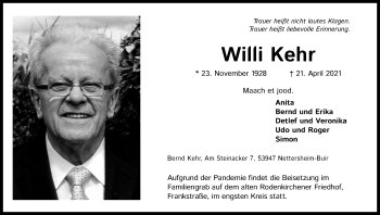 Anzeige von Willi Kehr von Kölner Stadt-Anzeiger / Kölnische Rundschau / Express
