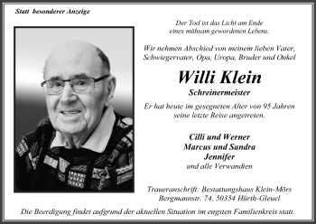 Anzeige von Willi Klein von Kölner Stadt-Anzeiger / Kölnische Rundschau / Express