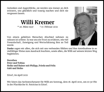 Anzeige von Willi Kremer von Kölner Stadt-Anzeiger / Kölnische Rundschau / Express