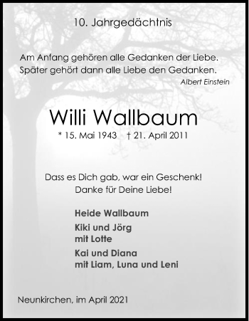 Anzeige von Willi Wallbaum von Kölner Stadt-Anzeiger / Kölnische Rundschau / Express