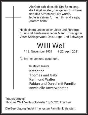 Anzeige von Willi Weil von  Wochenende 