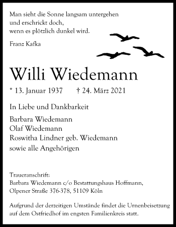 Anzeige von Willi Wiedemann von Kölner Stadt-Anzeiger / Kölnische Rundschau / Express