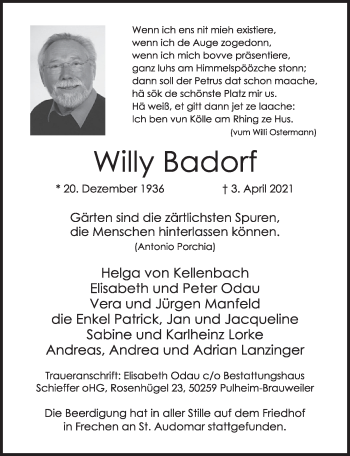 Anzeige von Willy Badorf von  Wochenende 