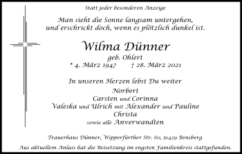 Anzeige von Wilma Dünner von Kölner Stadt-Anzeiger / Kölnische Rundschau / Express