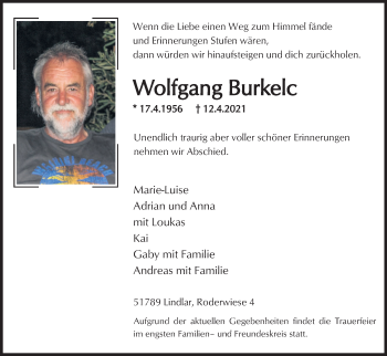 Anzeige von Wolfgang Burkelc von Kölner Stadt-Anzeiger / Kölnische Rundschau / Express