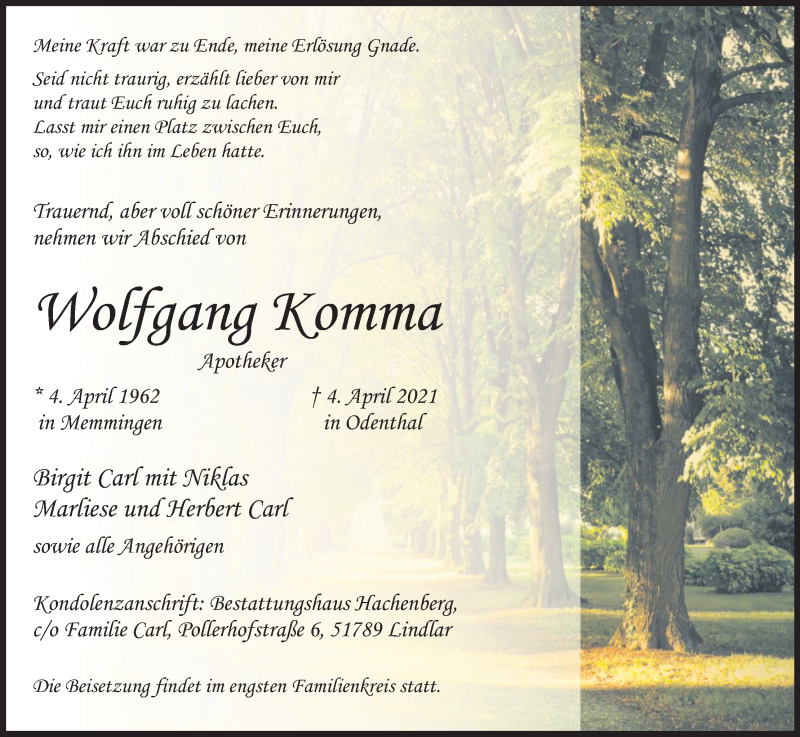  Traueranzeige für Wolfgang Komma vom 10.04.2021 aus Kölner Stadt-Anzeiger / Kölnische Rundschau / Express