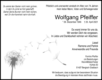 Anzeige von Wolfgang Pfeiffer von Kölner Stadt-Anzeiger / Kölnische Rundschau / Express