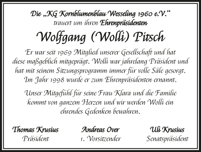  Traueranzeige für Wolfgang  Pitsch vom 09.04.2021 aus  Schlossbote/Werbekurier 
