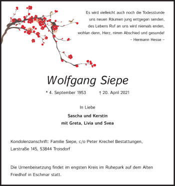 Anzeige von Wolfgang Siepe von Kölner Stadt-Anzeiger / Kölnische Rundschau / Express