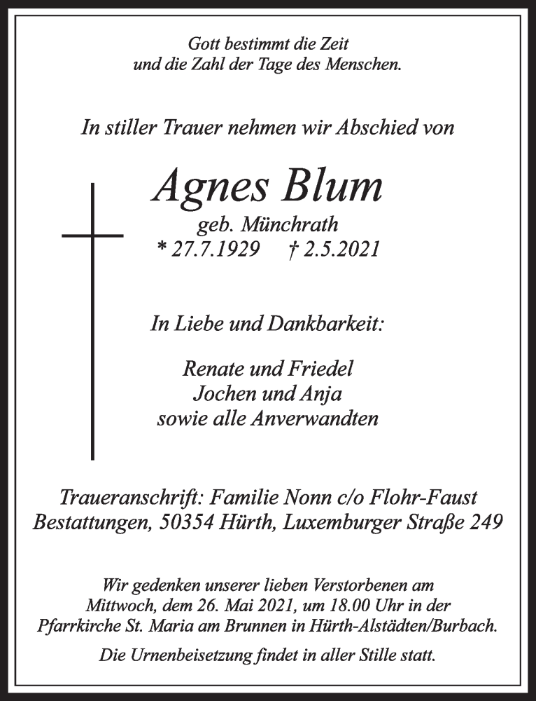  Traueranzeige für Agnes Blum vom 07.05.2021 aus  Wochenende 