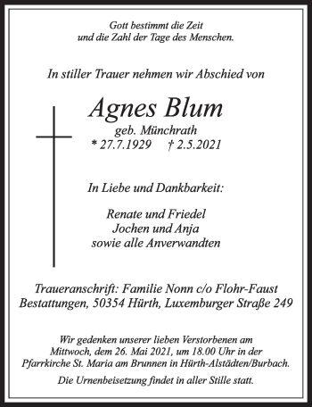 Anzeige von Agnes Blum von  Wochenende 