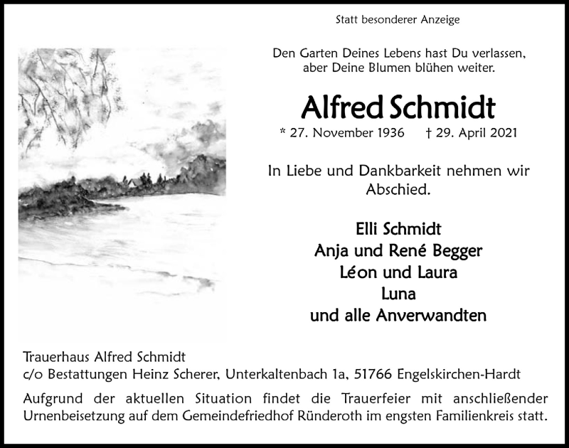  Traueranzeige für Alfred Schmidt vom 07.05.2021 aus  Anzeigen Echo 