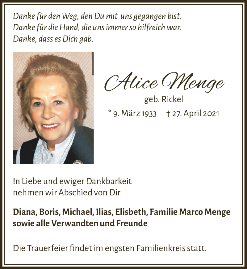  Traueranzeige für Alice Menge vom 07.05.2021 aus  Schlossbote/Werbekurier 