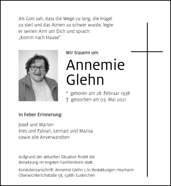 Anzeige von Annemie Glehn von  Blickpunkt Euskirchen 