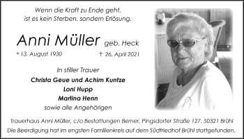 Anzeige von Anni Müller von  Schlossbote/Werbekurier 