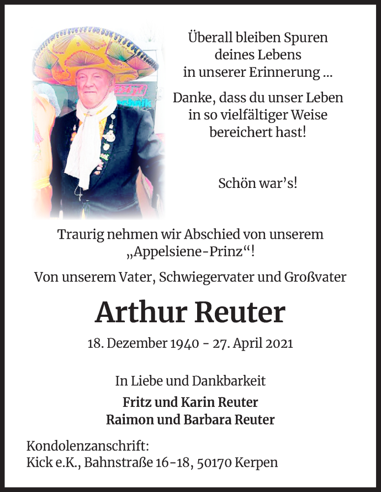  Traueranzeige für Arthur Reuter vom 08.05.2021 aus Kölner Stadt-Anzeiger / Kölnische Rundschau / Express
