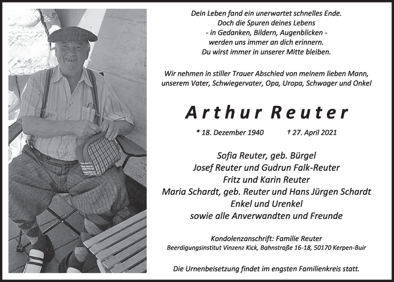  Traueranzeige für Arthur Reuter vom 07.05.2021 aus  Werbepost 
