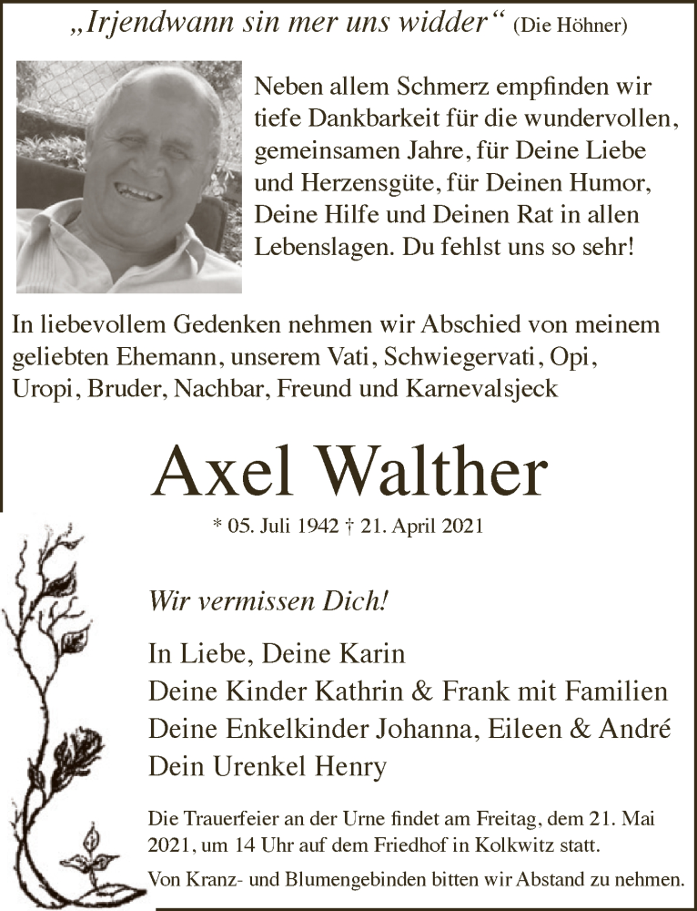  Traueranzeige für Axel Walther vom 07.05.2021 aus  Lokale Informationen 