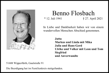 Anzeige von Benno Flosbach von Kölner Stadt-Anzeiger / Kölnische Rundschau / Express