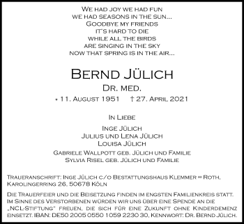 Anzeige von Bernd Jülich von Kölner Stadt-Anzeiger / Kölnische Rundschau / Express
