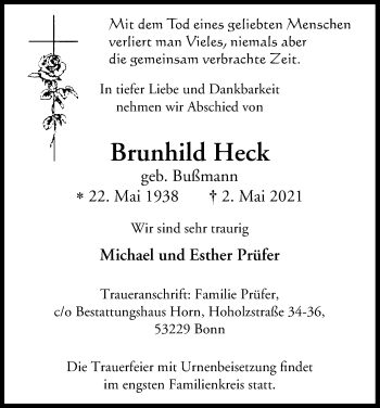 Anzeige von Brunhild Heck von Kölner Stadt-Anzeiger / Kölnische Rundschau / Express
