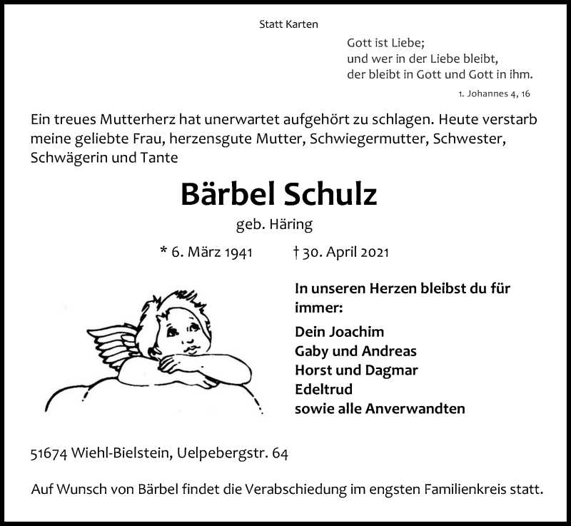  Traueranzeige für Bärbel Schulz vom 04.05.2021 aus Kölner Stadt-Anzeiger / Kölnische Rundschau / Express