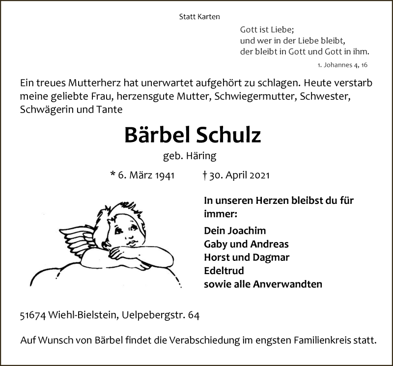 Traueranzeige für Bärbel Schulz vom 07.05.2021 aus  Anzeigen Echo 