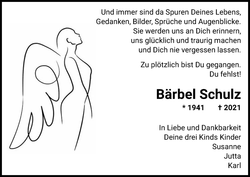  Traueranzeige für Bärbel Schulz vom 04.05.2021 aus Kölner Stadt-Anzeiger / Kölnische Rundschau / Express