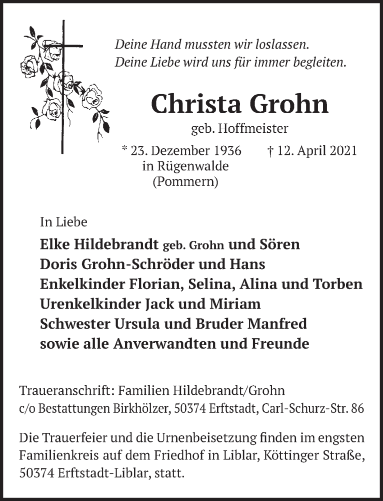  Traueranzeige für Christa Grohn vom 07.05.2021 aus  Werbepost 