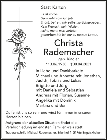 Anzeige von Christa Rademacher von  Anzeigen Echo 