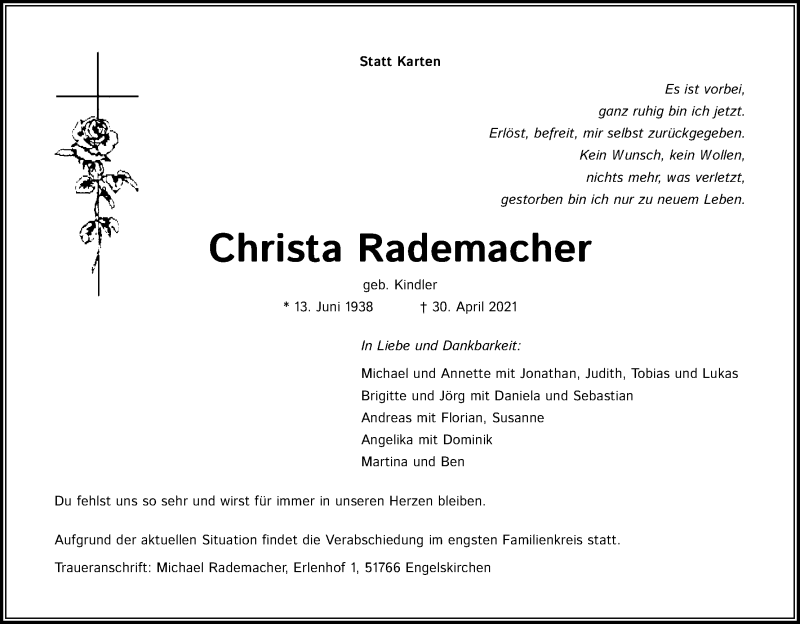  Traueranzeige für Christa Rademacher vom 08.05.2021 aus Kölner Stadt-Anzeiger / Kölnische Rundschau / Express