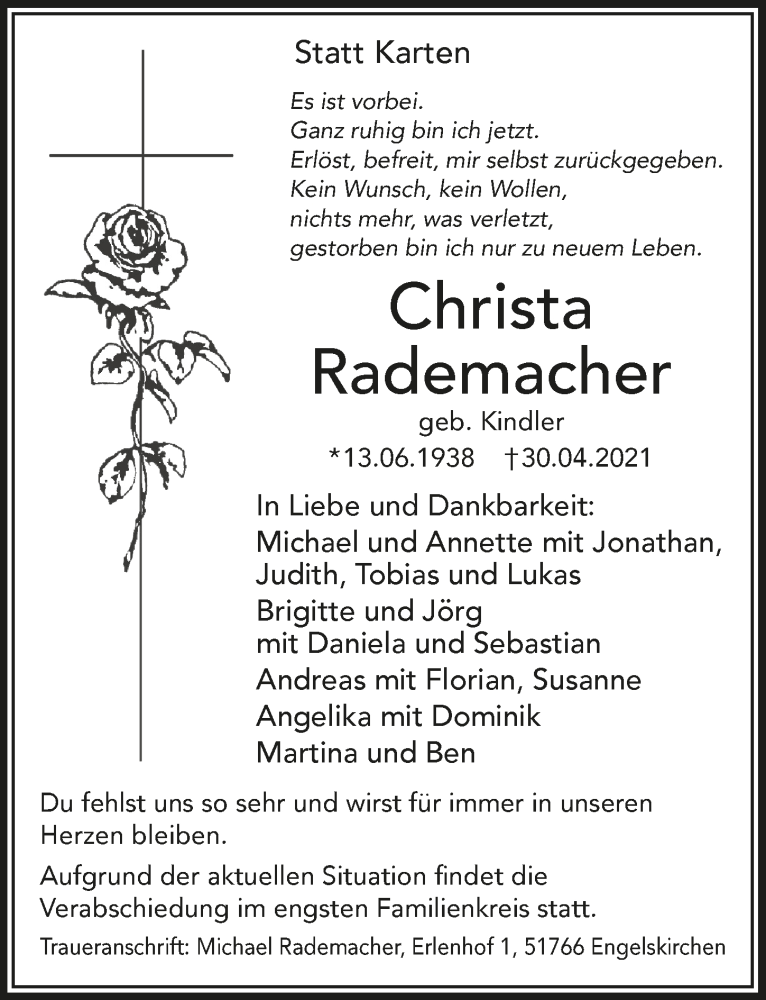  Traueranzeige für Christa Rademacher vom 07.05.2021 aus  Anzeigen Echo 