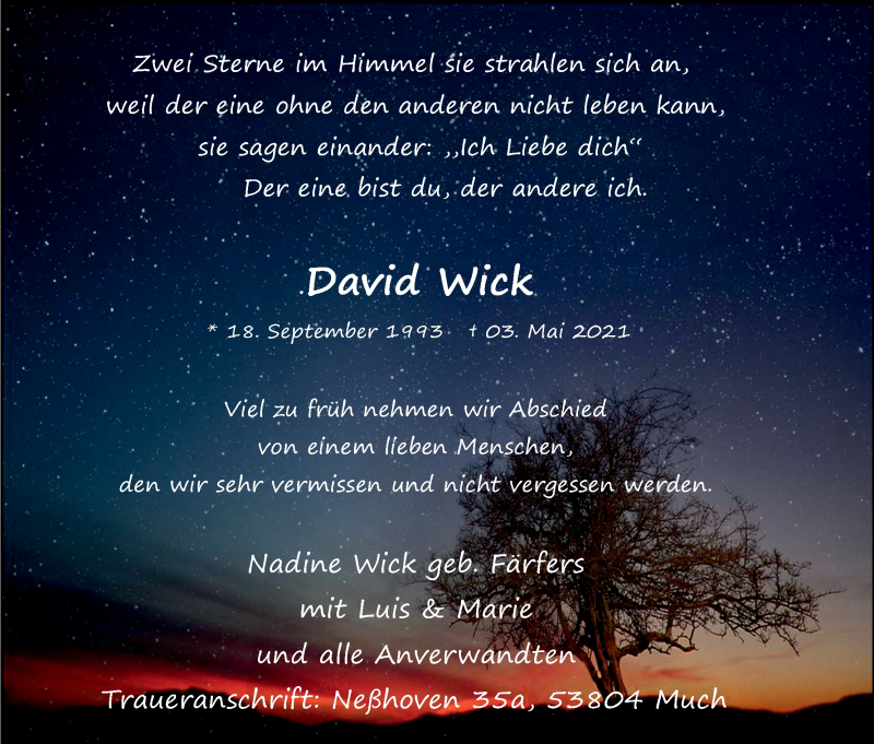  Traueranzeige für David Wick vom 08.05.2021 aus Kölner Stadt-Anzeiger / Kölnische Rundschau / Express