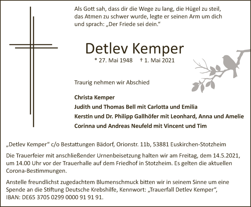  Traueranzeige für Detlev Kemper vom 08.05.2021 aus  Blickpunkt Euskirchen 