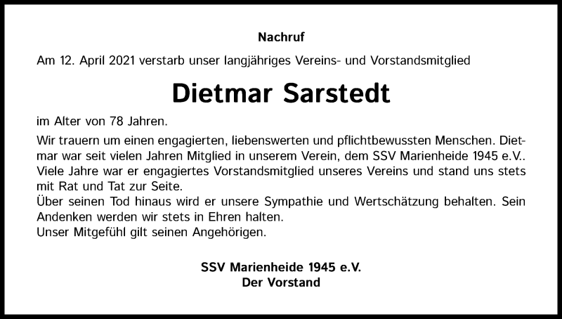  Traueranzeige für Dietmar Sarstedt vom 01.05.2021 aus Kölner Stadt-Anzeiger / Kölnische Rundschau / Express