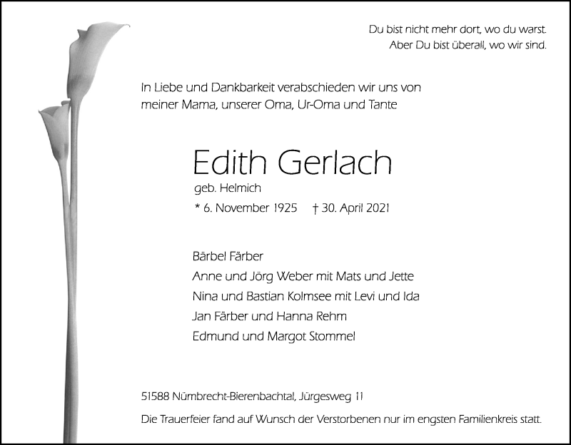  Traueranzeige für Edith Gerlach vom 07.05.2021 aus Kölner Stadt-Anzeiger / Kölnische Rundschau / Express