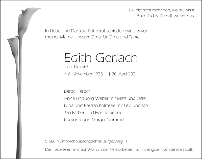  Traueranzeige für Edith Gerlach vom 07.05.2021 aus  Lokalanzeiger 