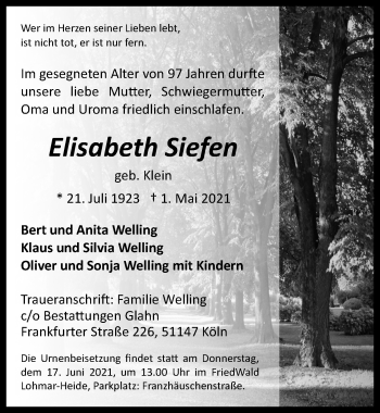 Anzeige von Elisabeth Siefen von  Kölner Wochenspiegel 