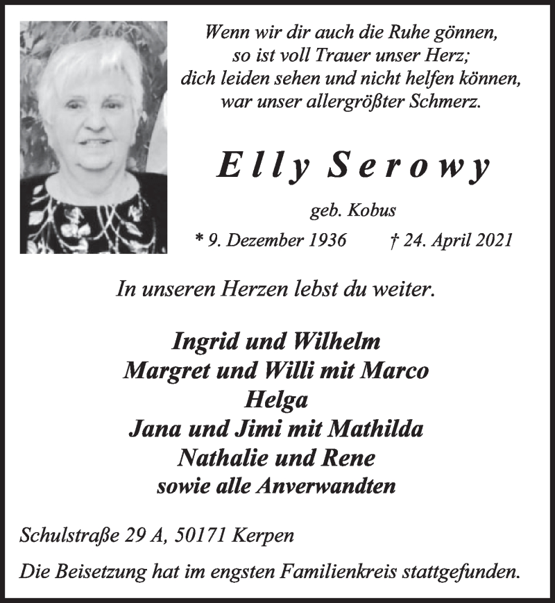  Traueranzeige für Elly Serowy vom 07.05.2021 aus  Werbepost 