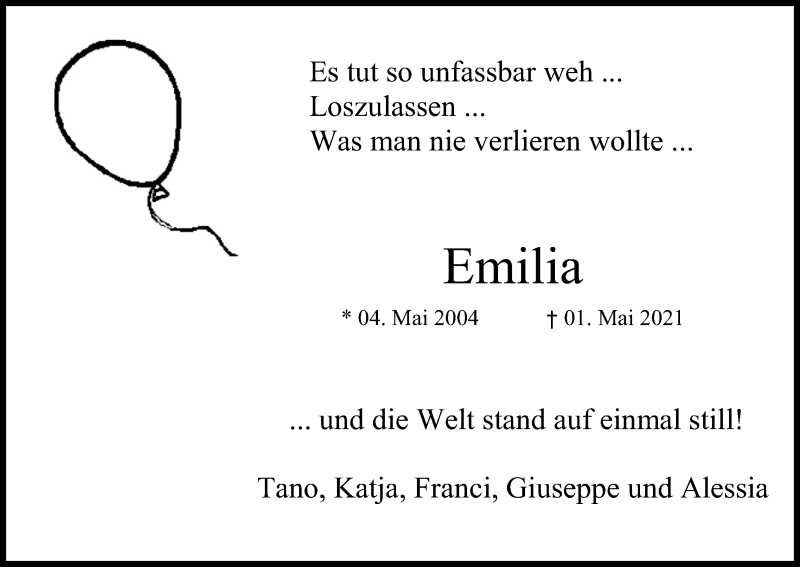  Traueranzeige für Emilia  vom 08.05.2021 aus Kölner Stadt-Anzeiger / Kölnische Rundschau / Express