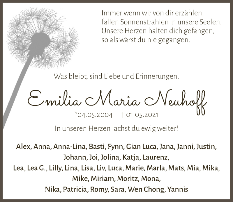  Traueranzeige für Emilia Maria Neuhoff vom 07.05.2021 aus  Anzeigen Echo 