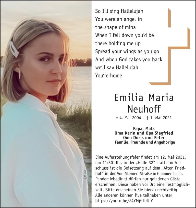  Traueranzeige für Emilia Maria Neuhoff vom 08.05.2021 aus Kölner Stadt-Anzeiger / Kölnische Rundschau / Express