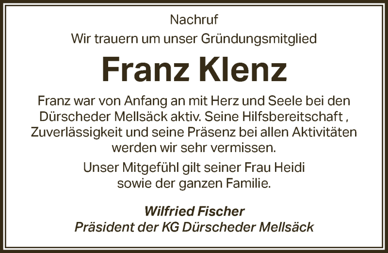  Traueranzeige für Franz Klenz vom 07.05.2021 aus  Bergisches Handelsblatt 