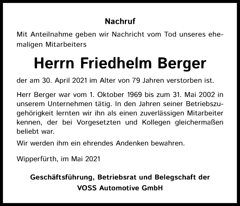  Traueranzeige für Friedhelm Berger vom 07.05.2021 aus Kölner Stadt-Anzeiger / Kölnische Rundschau / Express