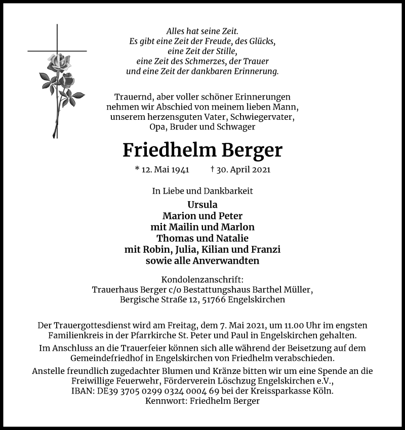  Traueranzeige für Friedhelm Berger vom 04.05.2021 aus Kölner Stadt-Anzeiger / Kölnische Rundschau / Express