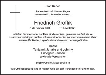 Anzeige von Friedrich Groffik von  Wochenende 