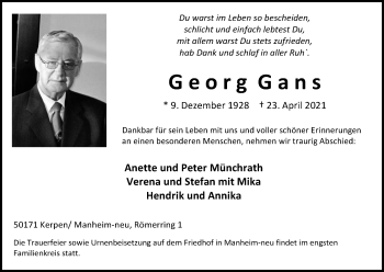 Anzeige von Georg Gans von Kölner Stadt-Anzeiger / Kölnische Rundschau / Express