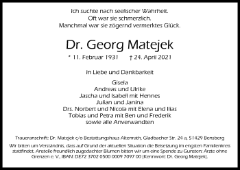 Anzeige von Georg Matejek von Kölner Stadt-Anzeiger / Kölnische Rundschau / Express