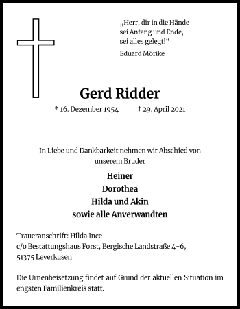 Anzeige von Gerd Ridder von Kölner Stadt-Anzeiger / Kölnische Rundschau / Express