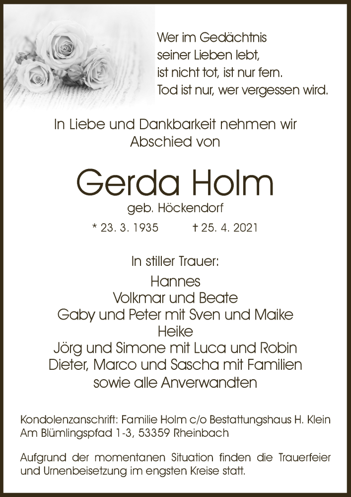  Traueranzeige für Gerda Holm vom 07.05.2021 aus  Schaufenster/Blickpunkt 